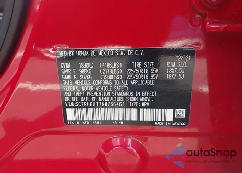 2022 Honda Hr-V Awd Sport из США, поврежденный, VIN 3CZRU6H17NM736461